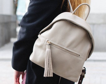 Beige Leather Backpack For Women, City Rucksack, Backpack For Ipad, Small Tassel Backpack, Leather Bag For Work