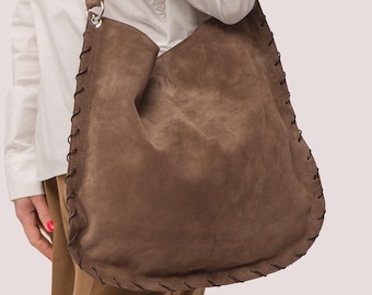 Large Brown Suede Hobo Bag: Slouchy Boho Shoulder Bag with Leather Rope