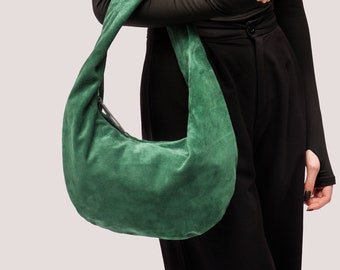 Green Suede Hobo Bag - Leather Hobo Bag - Green Suede Shoulder Purse - Shoulder Bag in Green Suede - Fashion Women's Bag - Gift for Mom