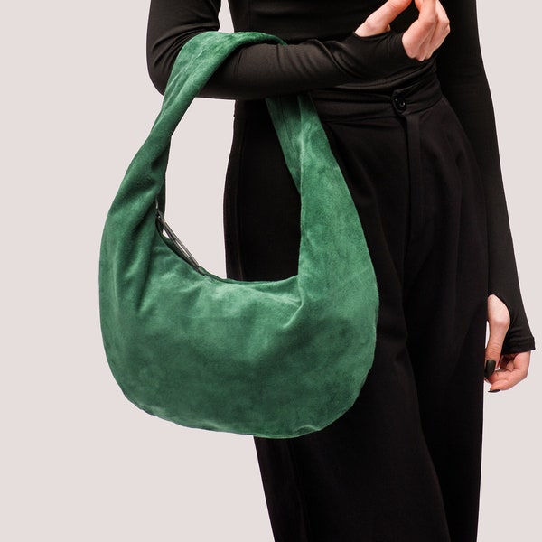 Green Suede Hobo Bag - Leather Hobo Bag - Green Suede Shoulder Purse - Shoulder Bag in Green Suede - Fashion Women's Bag - Gift for Mom