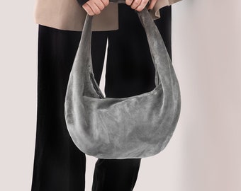 Wildleder Hobo Bag - Graue Wildleder Geldbörse - Mittelgroße Umhängetasche aus Grauem Wildleder - Modische Damentasche - Durchsichtige Tasche - Geschenk für Sie