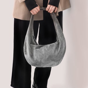 Suede Hobo Bag Leather Hobo Bag Grey Suede Purse Medium Shoulder Bag in Grey Suede Fashion Women's Bag Raunded Bag Gift for Her image 1