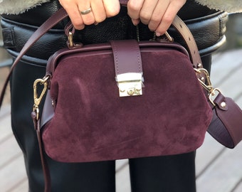 Suede doctor bag, Burgundy leather bag, crossbody bag, Medium shoulder purse, Vintage leather bag, suede briefcase bag