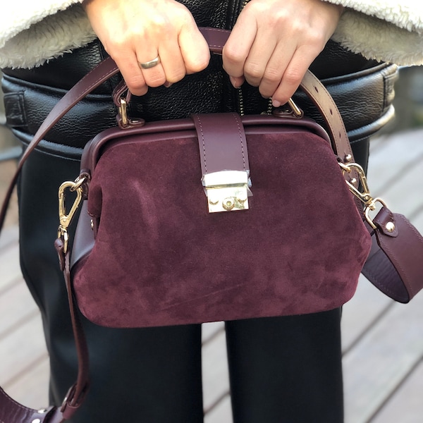 Suede doctor bag, Burgundy leather bag, crossbody bag, Medium shoulder purse, Vintage leather bag, suede briefcase bag