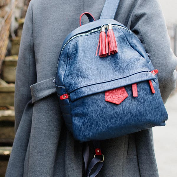 Leather backpack blue and red, Daypack backpack, leather rucksack, women laptop backpack, blue leather backpack, sac a dos femme cuir