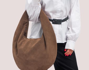 Suede Hobo Bag – Soft Leather Shoulder Bag with Lining and Zip Pocket, Slouchy Everyday Bag, Boho Purse with 3 Sizes and Personalization