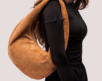 Suede Hobo Bag - Leather Hobo Bag - Brown Suede Purse - Ladies Shoulder HandBag - Soft Womens Bag - Tanned Girly Bag - Gift for Her