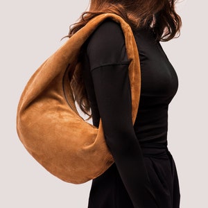 Suede Hobo Bag Leather Hobo Bag Brown Suede Purse Ladies Shoulder HandBag Soft Womens Bag Tanned Girly Bag Gift for Her image 1