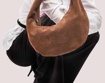 Hobo-Tasche aus braunem Wildleder, Schultertasche aus schokoladenbraunem Wildleder, lässige Hobo-Tasche aus Leder, mittelgroße Boho-Tasche, Geschenkidee für Sie