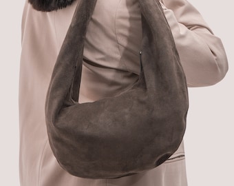 Dunkelbraune Wildleder-Hobo-Tasche, lässige Schultertasche, weiche Leder-Hobo-Tasche, braune Wildleder-Tragetasche, Geschenkidee für Sie