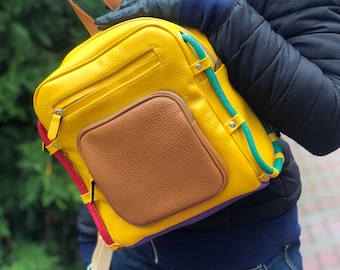 Multicolor leather backpack, women's rucksack for school, urban work travel bag, casual, handmade backpack, sac a dos cuir, rainbow backpack