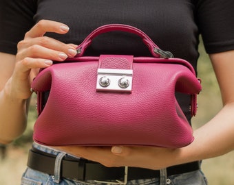 Leather Doctor Bag, Handcrafted Purple Handbag for Women, Pink Evening Vintage Bag, Violet Leather Crossbody Purse