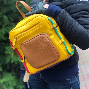 Multicolor leather backpack, women's rucksack for school, urban work travel bag, casual, handmade backpack, sac a dos cuir, rainbow backpack image 1