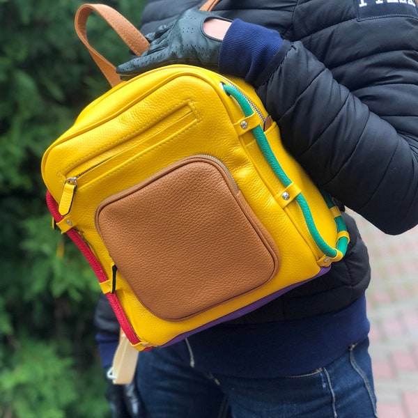 Multicolor leather backpack, women's rucksack for school, urban work travel bag, casual, handmade backpack, sac a dos cuir, rainbow backpack