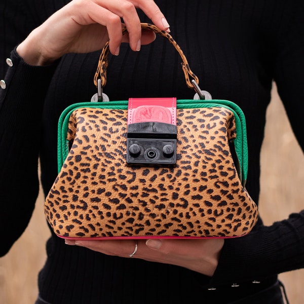 Skórzana torba lekarska w panterkę, ręcznie robiona skórzana torba lekarska, torebka, skórzana torba, skórzana teczka, czarna torebka lekarska, damska torebka lekarska