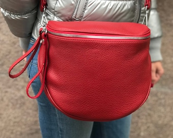 Crossbody red leather bag, saddle shoulder purse, hip fanny pack, travel messenger bag, bum waist bag, 21st birthday gift, fashion clutch