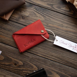 Billetera delgada personalizada con iniciales, billetera corta de cuero rojo, billetera para tarjetas de crédito, billetera con bolsillo frontal