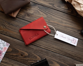 Personalized Slim Wallet With Initials, Red Leather Short Wallet, Credit Cards Wallet, Front Pocket Wallet