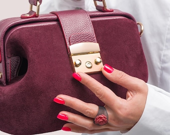 Leather Doctor Bag with Suede Front Panel – Frame Bag with Top Handle – Women Leather Handbag