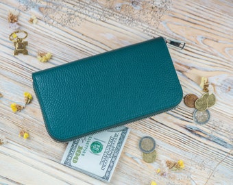 Zipper Womens Wallet, Personalized Leather Wallet with Custom Engraving, Long Wallet Handmade Gift for Her