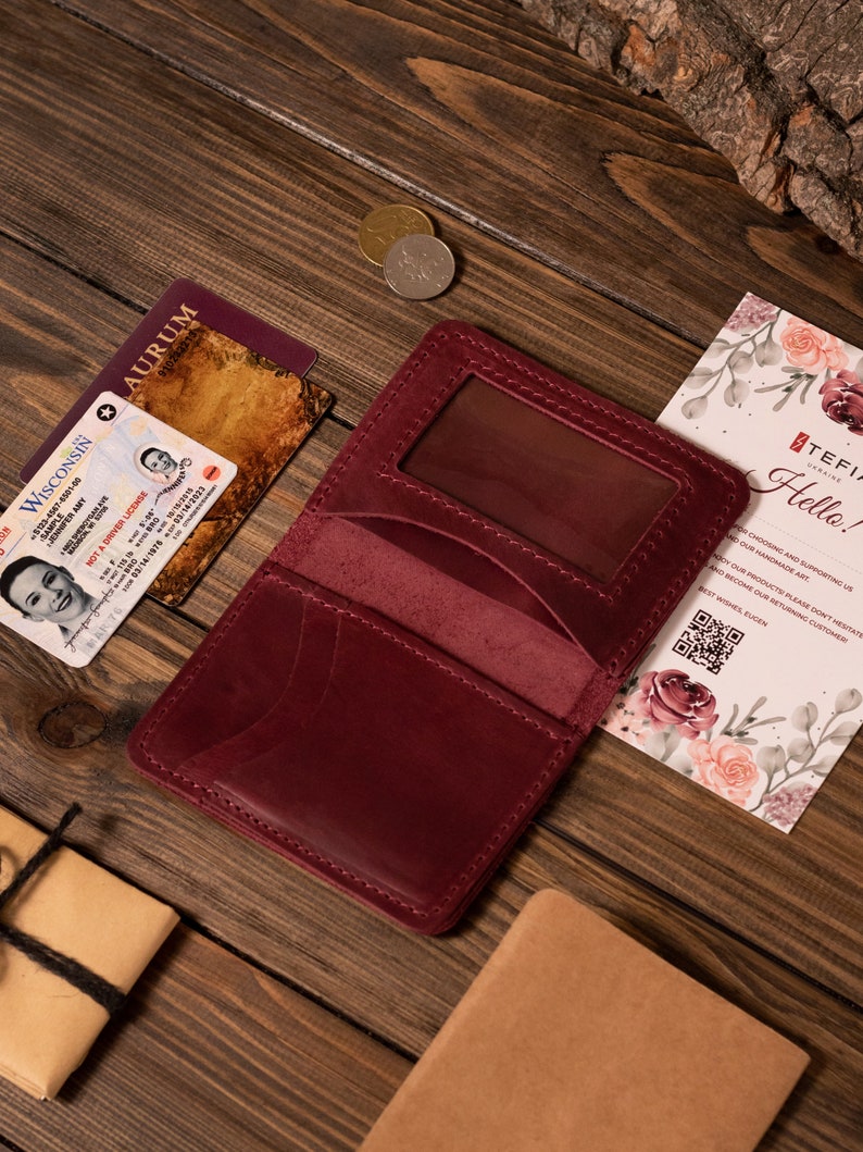 Cartera pequeña para mujer, Cartera de cuero para mujer, Cartera de cuero para hombre, Tarjetero, Cartera pequeña personalizada para mujer, Regalo de primer aniversario para ella imagen 9