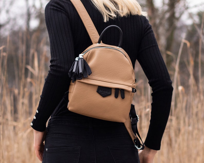 Small Backpack For Women, Beige Leather Bag, City Bag For Girl, Best TraveL Backpack image 1
