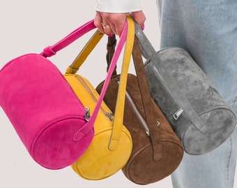 Bolso de ante de hombro - Bolso de ante pequeño - Bolso de hombro gris - Bolso de ante con asa superior - Bolso de cuero de ante - Bolso bandolera pequeño