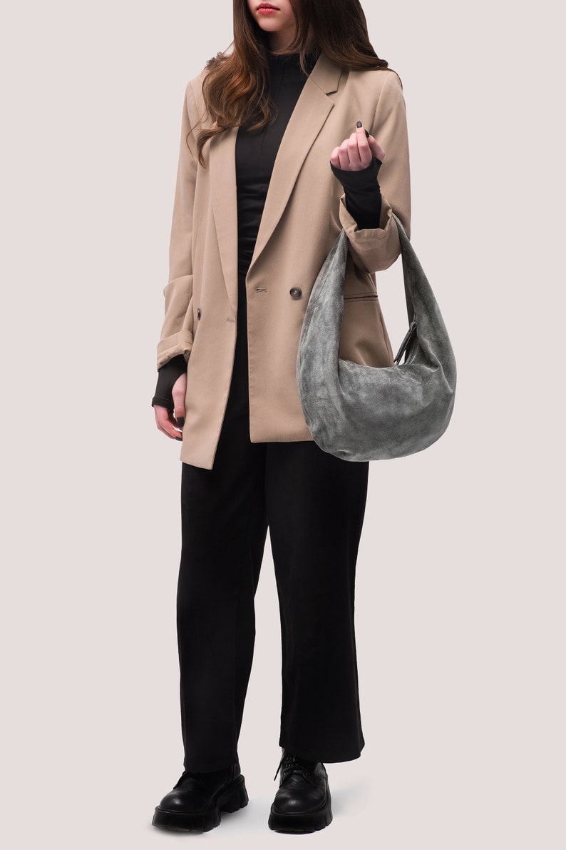 Suede Hobo Bag Leather Hobo Bag Grey Suede Purse Medium Shoulder Bag in Grey Suede Fashion Women's Bag Raunded Bag Gift for Her image 2