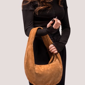 Suede Hobo Bag Leather Hobo Bag Brown Suede Purse Ladies Shoulder HandBag Soft Womens Bag Tanned Girly Bag Gift for Her image 4