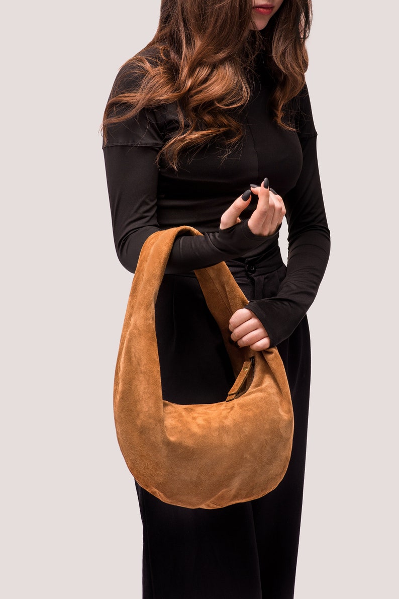 Suede Hobo Bag Leather Hobo Bag Brown Suede Purse Ladies Shoulder HandBag Soft Womens Bag Tanned Girly Bag Gift for Her image 4