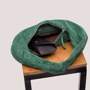 Green Suede Hobo Bag Leather Hobo Bag Green Suede Shoulder Purse Shoulder Bag in Green Suede Fashion Women's Bag Gift for Mom image 5