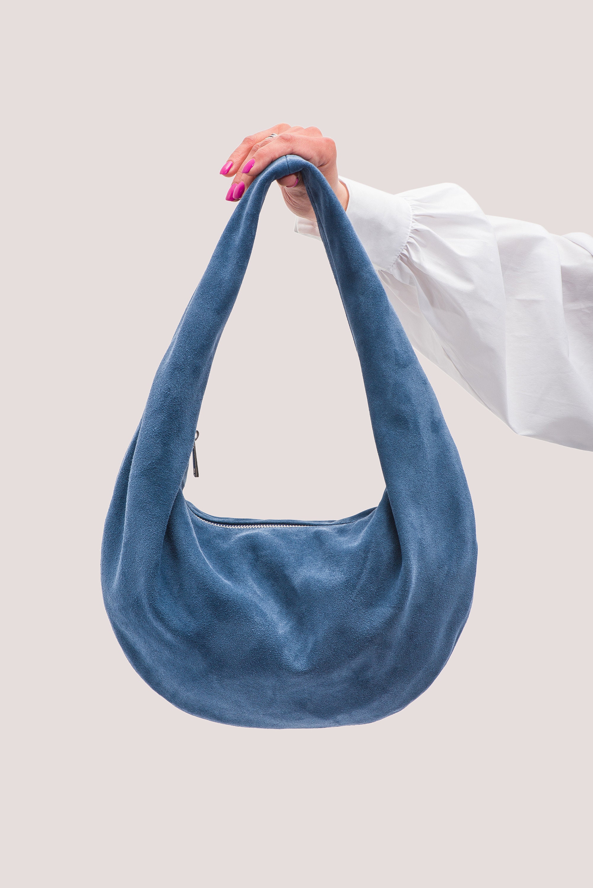 Suede Hobo Bag - Leather Shoulder Bag - Blue Suede Purse