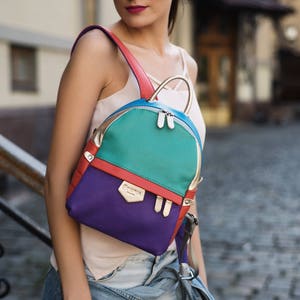 Multicolor leather Backpack Tefia Leather Backpack Women, Messenger Bag Laptop, Laptop Messenger Bag, Handmade BackPack