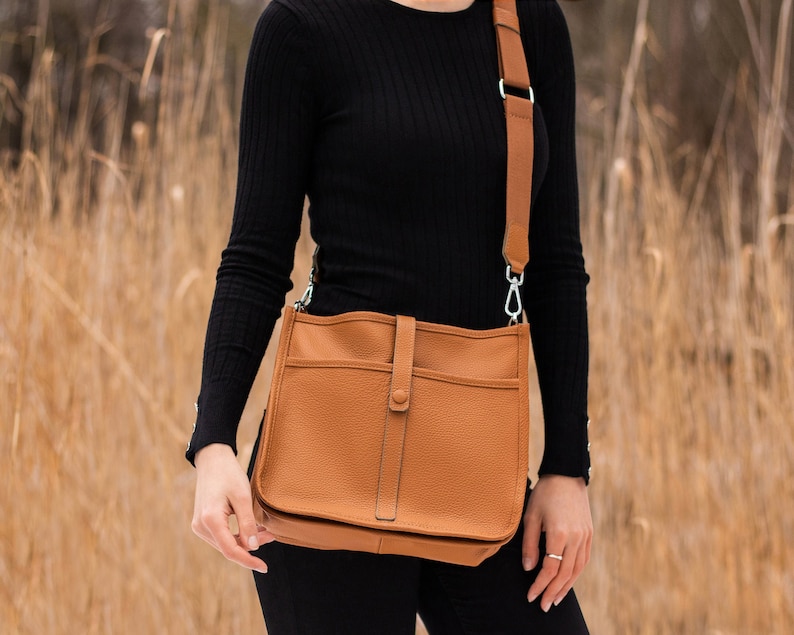 Leather crossbody bag, Leather Shoulder Bag, Satchel Bag , Caramel Leather Messenger Bag with Adjustable Strap, Leather Purse image 4