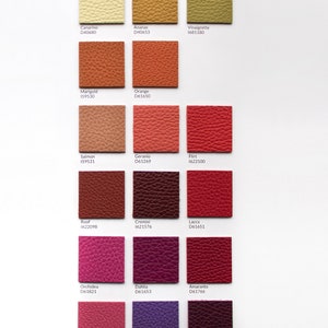 May include: A color chart of 15 leather swatches with different shades of red, orange, yellow, pink, and purple. Each swatch has a name and a code printed below it.