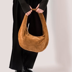 Suede Hobo Bag Leather Hobo Bag Brown Suede Purse Ladies Shoulder HandBag Soft Womens Bag Tanned Girly Bag Gift for Her image 2