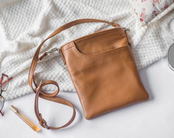 Cognac Real Leather Crossbody Bag, Slim Everyday Purse with Adjustable Strap
