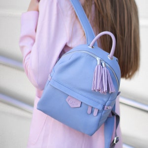 Blue leather backpack, kids backpack, leather backpack for women, fancy mini backpack, college zipper iPad backpack image 2