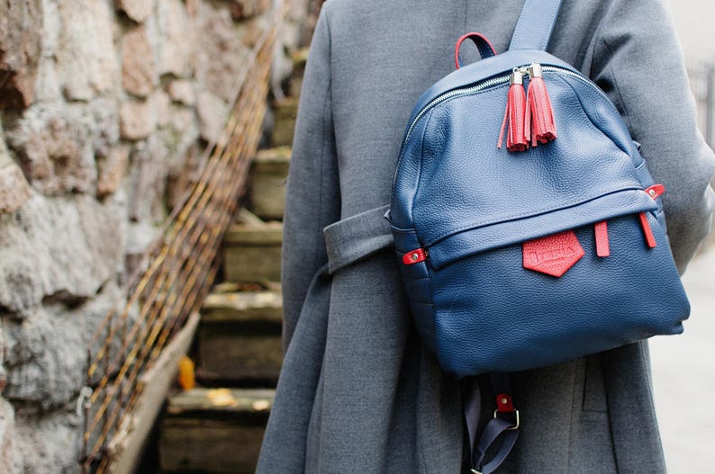 Leather backpack blue and red, Daypack backpack, leather rucksack, women laptop backpack, blue leather backpack, sac a dos femme cuir image 1