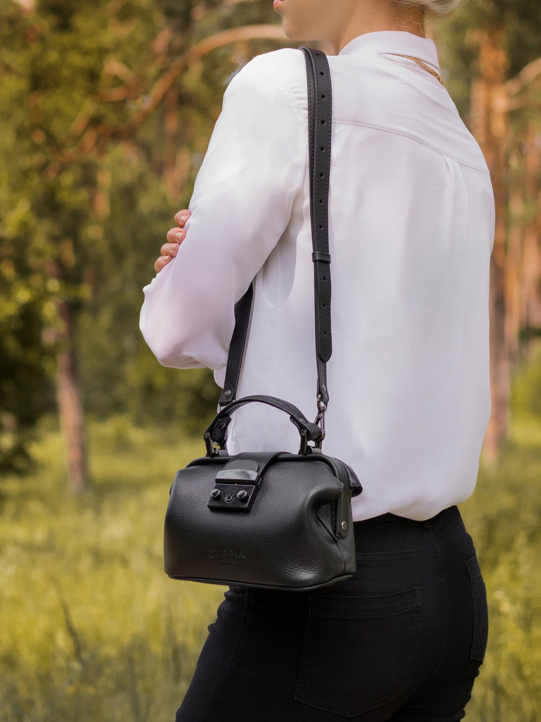 Black Leather Doctor Style Bag, Mini Crossbody Bag, Vintage