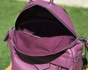 Purple Leather Backpack, Soft Leather Rucksack, Small Travel 