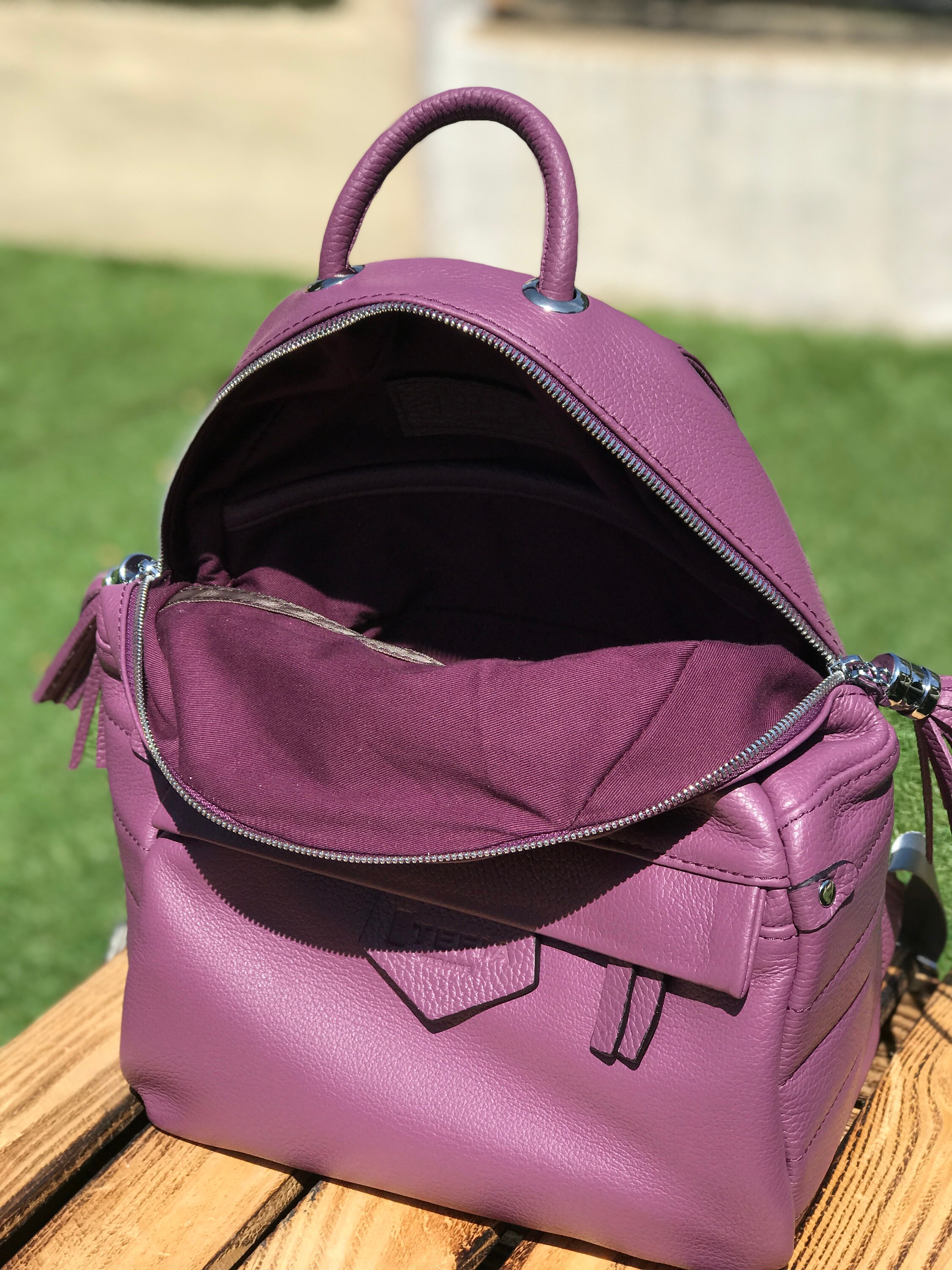 Purple Leather Backpack, Soft Leather Rucksack, Small Travel