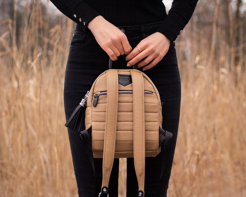 Small Backpack For Women, Beige Leather Bag, City Bag For Girl, Best TraveL Backpack image 4