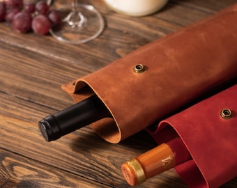 Red Leather Wine Bottle Holder Monogrammed With Golden Stamp, Personalized Bag For Bottle, Personalized Gift For Couple Anniversary