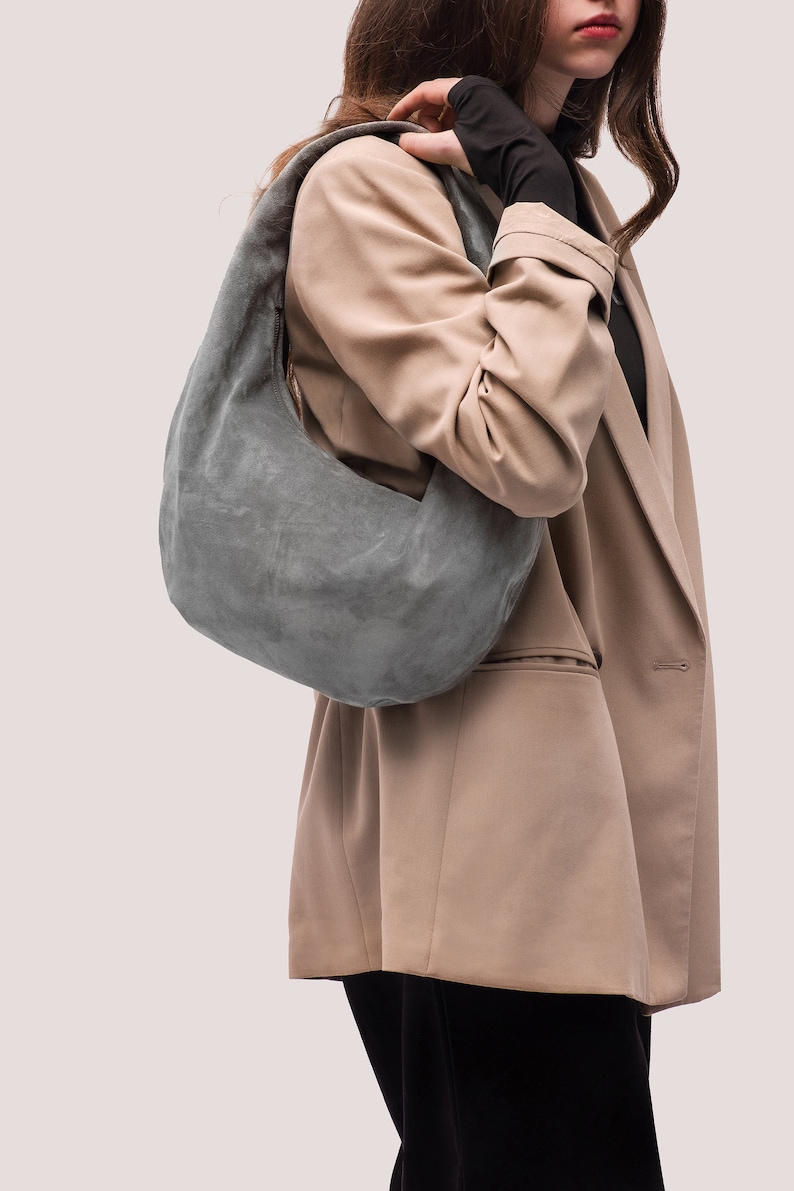 Suede Hobo Bag Leather Hobo Bag Grey Suede Purse Medium Shoulder Bag in Grey Suede Fashion Women's Bag Raunded Bag Gift for Her image 3