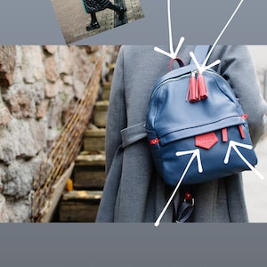 Leather backpack blue and red, Daypack backpack, leather rucksack, women laptop backpack, blue leather backpack, sac a dos femme cuir image 3