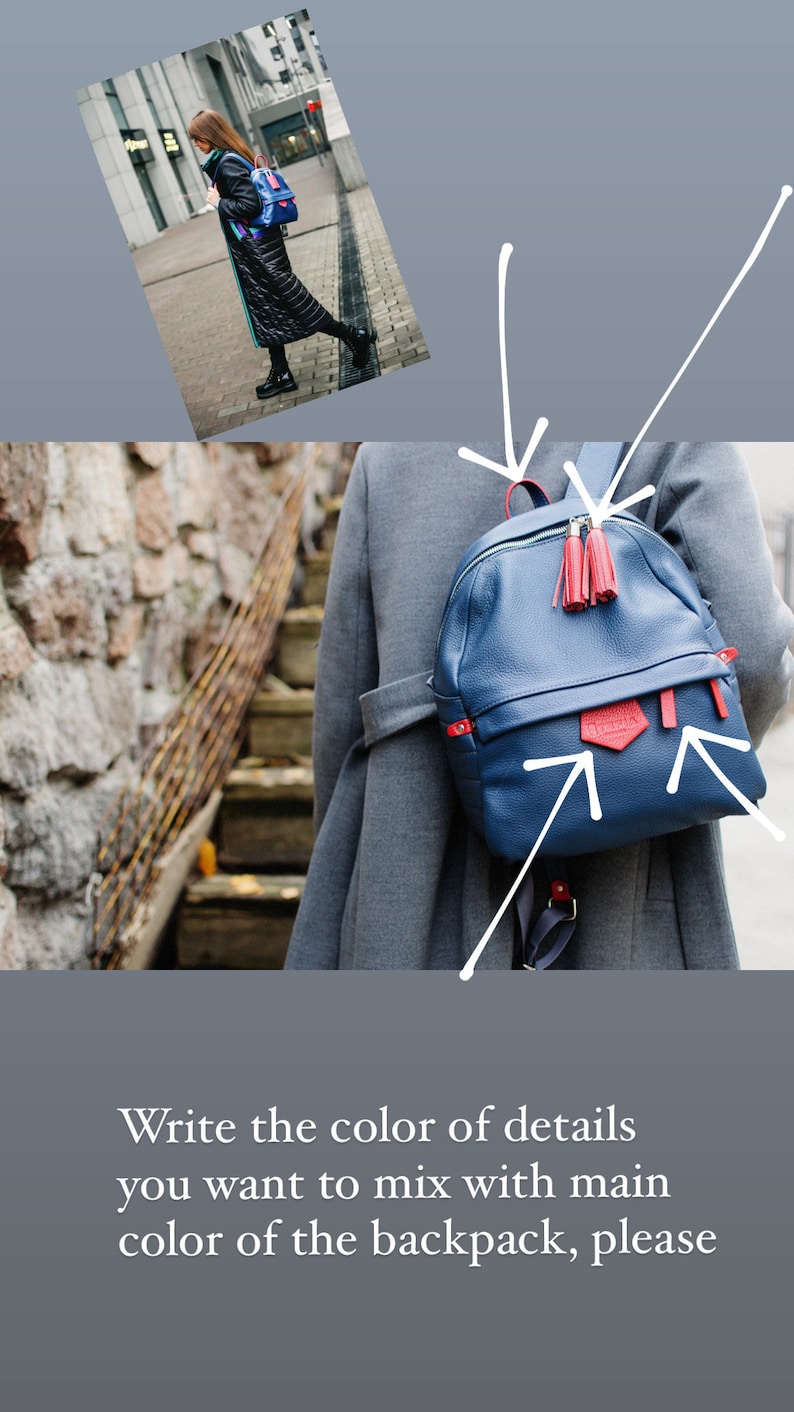 Leather backpack blue and red, Daypack backpack, leather rucksack, women laptop backpack, blue leather backpack, sac a dos femme cuir image 3
