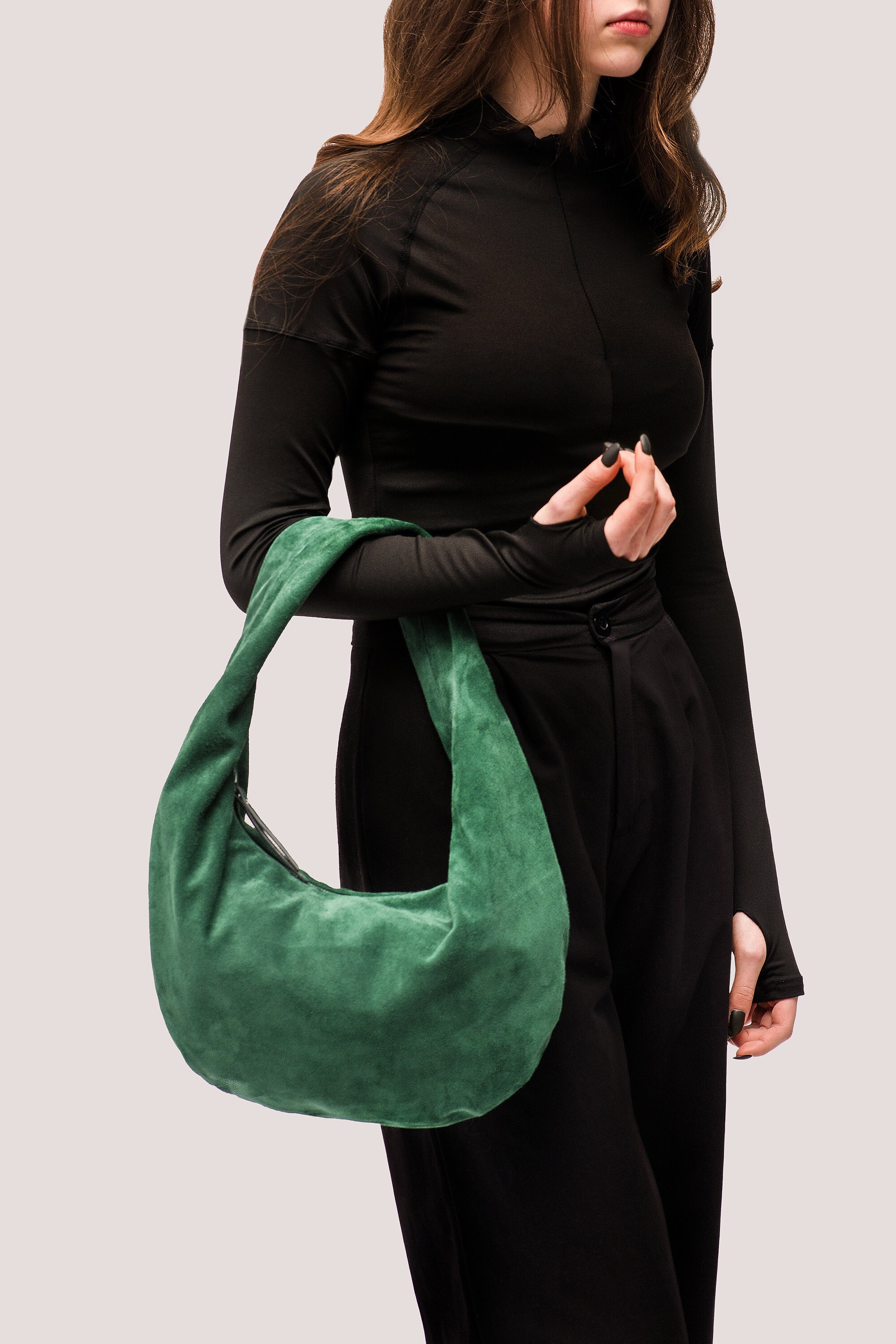 【EMIS】SUEDE SHOULDER BAG-GREEN Green Suede Hobo Bag - Leather Hobo Bag - Green Suede