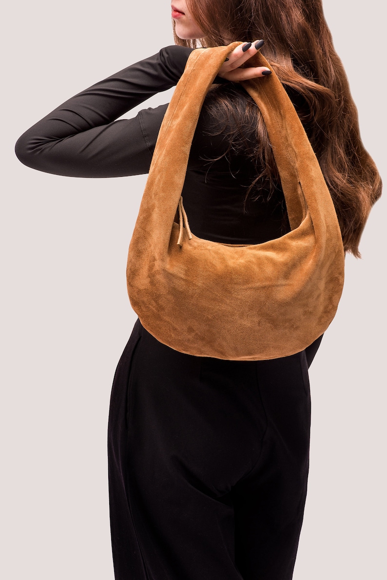 Suede Hobo Bag Leather Hobo Bag Brown Suede Purse Ladies Shoulder HandBag Soft Womens Bag Tanned Girly Bag Gift for Her image 3