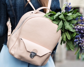 Women City Backpack, Light Pink Mini Backpack, Genuine Leather Summer Bag, Small Beige Rucksak, Bag For Ipad